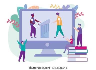 Graduation Online. People Look at Monitor. Distance Learning. E-Learning. Student on Background Monitor. Vector Illustration. Getting Diploma. Achive Goal. Teacher and Student on Monitor Screen.