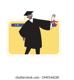 Graduation online training. Happy young black man in a robe and a hat with a tassel, holding a diploma. Colorful vector illustration drawn on a white isolated background. University graduates. 