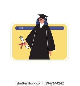 Graduation online training. Happy young female student in a robe and a hat with a tassel, holding a diploma. Vector illustration hand drawn on a white isolated background. University graduates