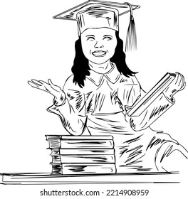 Graduation Outfit With Cute Girl Cartoon Silhouette Wearing Graduate Student Dress And Cap And Holding Books, Sketch Drawing Of A Smiling Girl Wearing A Graduation Hat And Dress