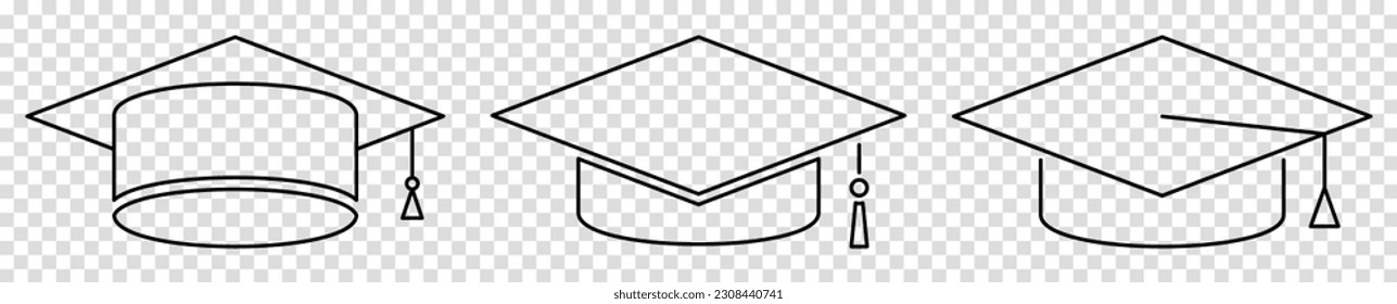 Graduation outline hat icons. Vector illustration isolated on transparent background