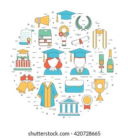 Graduation outline vector elements set of celebration elements. Man and woman graduate in hats celebrating finish education line art concept. Graduation award icons collection for web and devices