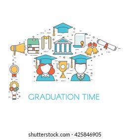 Graduation outline vector set of exam celebration elements. Man and woman graduate in hat celebrating finish education line art concept in graduational cap shape. Educational postcard or invitation.