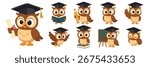 Graduation Owls in Various Poses. Hand Drawn Vector Art
