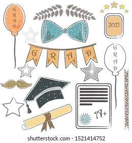 Graduation Package. Background with rich graduation elements. Bow, tie, cap, mustache, etc. For Posters, banners, T-shirts, greeting cards, invitations, etc.