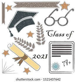 Graduation Package. Scandinavian Hand Drawn Style. Two Thousand twenty one. Paper Background. Vector Illustration
