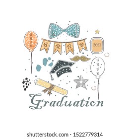 Graduation Package. Scandinavian Style, hand drawn design. Bow, tie, cap, mustache, etc. For Posters, 
