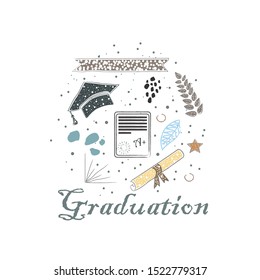 Graduation Package. Scandinavian Style, hand drawn design. Bow, tie, cap, mustache, etc. For Posters, 