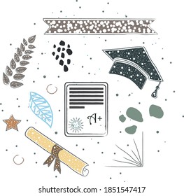 Graduation Package. Scandinavian Style, hand drawn design. Bow, tie, cap, mustache