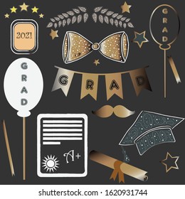 Graduation Package. Two Thousand 21. Dark Background with rich golden graduation elements. Bow, tie, cap, mustache, etc. For Posters, banners, T-shirts, greeting cards, invitations, etc.