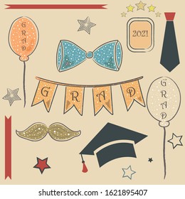 Graduation Package. Two Thousand 21. Paper Background with transparent bubbles. Bow, tie, balloons, stars, graduation cap, etc.