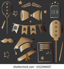 Graduation Package. Two Thousand Eighteen. Dark Background with rich golden graduation elements. Bow, tie, cap, mustache, etc. For Posters, banners, T-shirts, greeting cards, invitations, etc.