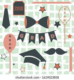 Graduation Package. Two Thousand Eighteen. Paper Background with transparent bubbles. Bow, tie, balloons, stars, graduation cap, etc.