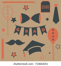 Graduation Package. Two Thousand Eighteen. Paper Background with transparent bubbles. Bow, tie, balloons, stars, graduation cap, etc.