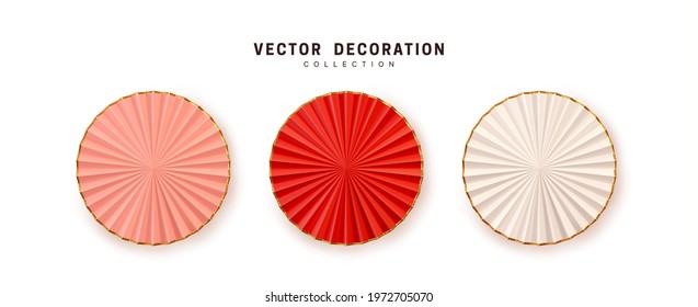 Graduation paper party fans. Set of realistic Red and White pink realistic 3d decor, new year eve holiday, nye decorative object isolated on white background. Vector illustration