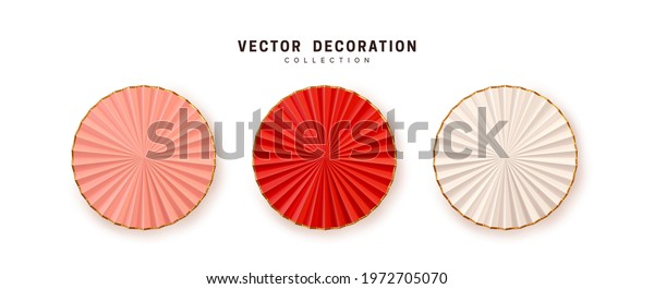 Graduation paper\
party fans. Set of realistic Red and White pink realistic 3d decor,\
new year eve holiday, nye decorative object isolated on white\
background. Vector\
illustration