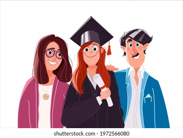 Graduation. Parents Hug The Student Who Graduated From The University, School, College. Teen Woman Graduate Is In A Black Mortar Board, With A Red Tassel, In A Dress, A Diploma In Her Hand. Isolated.