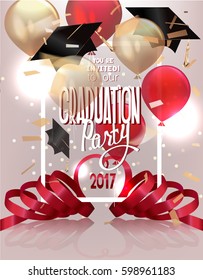 Graduation party 2017 banner with hats, air balloons, confetti and curly serpentine. Vector illustration