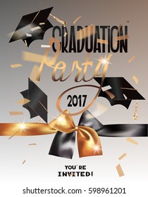 Graduation party 2017 banner with sparkling ribbon, hats and falling confetti. Vector illustration