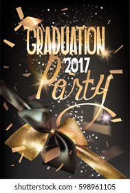 Graduation party 2017 gold and black banner with sparkling bow and curly serpentine. Vector illustration