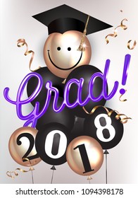 Graduation party 2018 banner with air balloons and serpentine. Vector illustration