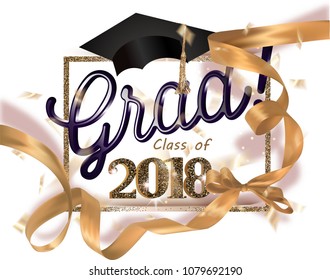 Graduation party 2018 banner with gold ribbon, frame and confetti. Vector illustration
