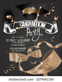 Graduation party 2018 banner with gold curly silk ribbon, serpentine, chalk letterings and graduation cap. Vector illustration