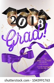 Graduation party 2018 banner with purple curly silk ribbon and air ballons with hats. Vector illustration