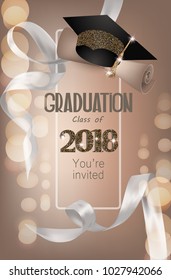 Graduation party 2018 beige banner with white curly silk ribbons and. Vector illustration