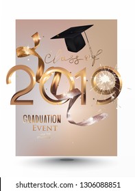 Graduation party 2019 invitation beige card with draduation cap, gold ribbon and sparks. Vector illustration