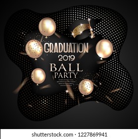 Graduation Party 2019 Invitation Card With Textured Halftone Effect Background, Air Balloons . Vector Illustration