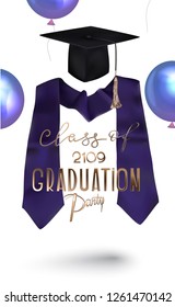 Graduation party 2019 invitation card with graduation celebration objects. Vector illustration