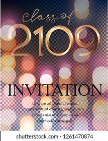 Graduation party 2019 invitation card with bokeh background. Vector illustration