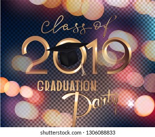 Graduation party 2019 invitation card with bokeh background and golden letters. Vector illustration