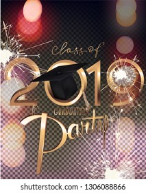 Graduation party 2019 invitation card with bokeh background and sparklers. Vector illustration