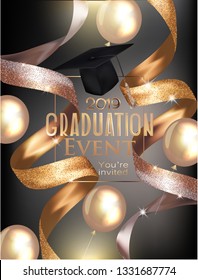 Graduation party 2019 invitation card with golden ribbons and air balloons. Vector illustration