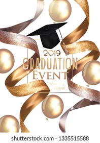 Graduation party 2019 invitation card with gold ribbons and air balloons. Vector illustration