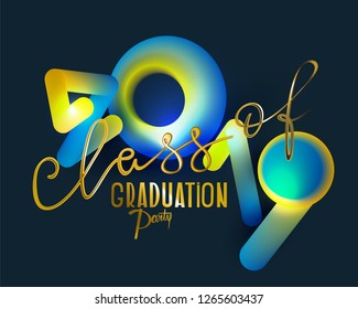 Graduation party 2019 with volume abstract numbers and gold letters. Vector illustration