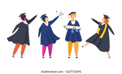 Graduation party 2020. Group of fun people, young students. Boys and girls are happy dancing, jumping. Throw up mortarboards and diplomas. Celebrating university graduation. Flat vector concept.