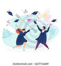 Graduation party 2020. Group of fun people, young students. Boys and girls are happy dancing, jumping. Throw up mortarboards and diplomas. Celebrating university graduation. Flat vector concept.