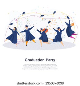 Graduation party 2020. Group of happy students. Throw up mortarboards and diplomas. Boys and girls celebrating university graduation. Flat vector concept.