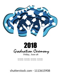 Graduation party background in paper art style with happy graduates and graduate hats silhouettes. Vector illustration in trendy carved craft style