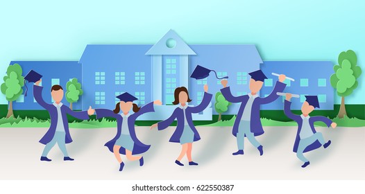 Graduation party background in paper art style with happy cartoon graduates. Vector illustration in carved craft style