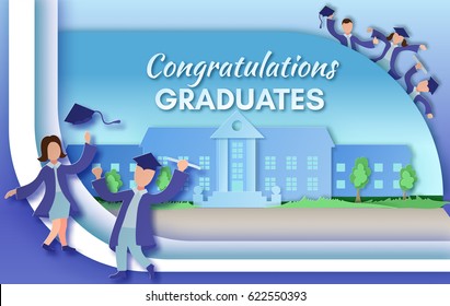 Graduation party background in paper art style with happy cartoon graduates. Vector illustration in carved craft style