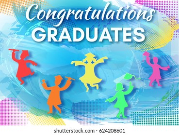 Graduation party background in paper art style with happy cartoo