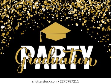 Graduation party banner. Congratulations to graduates typography poster.  Gold confetti prom decorations. Vector illustration. 