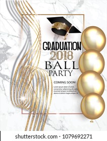 Graduation party banner with curly ribbon, air balloons and marble background. Vector illustration