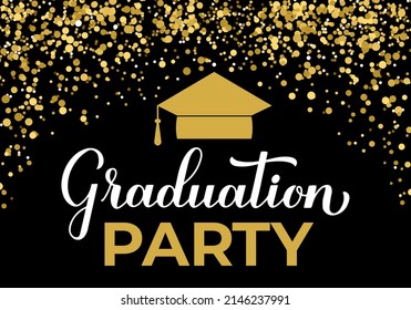 Graduation party  banner. Gold confetti prom decorations. Congratulations to graduates typography poster.  Vector illustration. 