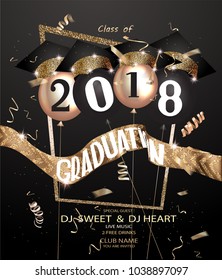 Graduation party banner with gold curly silk ribbons and air balloons with hats. Vector illustration