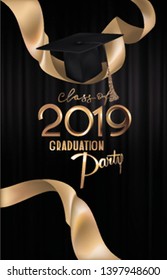 Graduation party banner with golden ribbons an graduation cap. Vector illustration